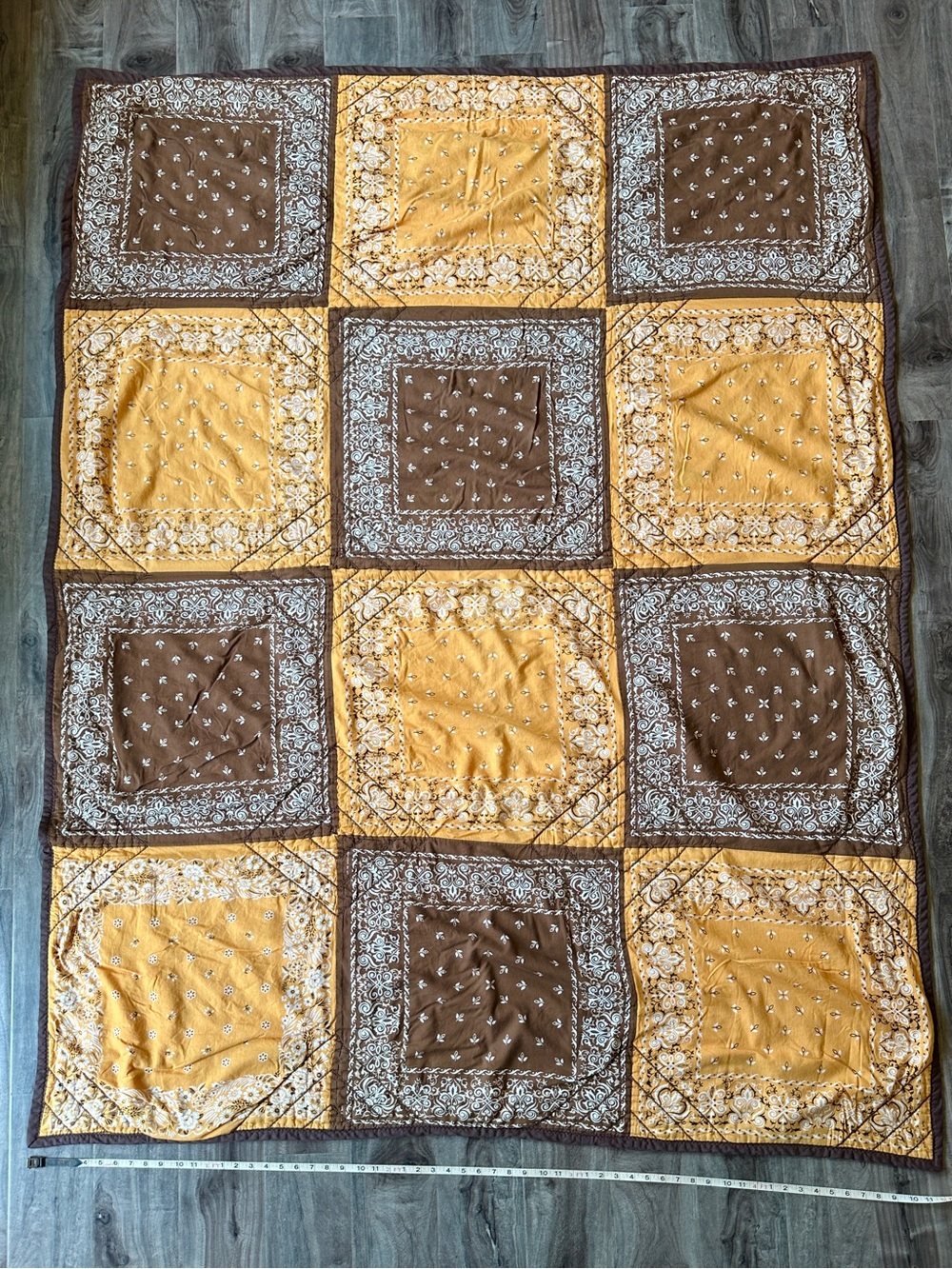 Vintage 70s Brown Orange Patchwork Hankerchief Quilt Throw Blanket Western